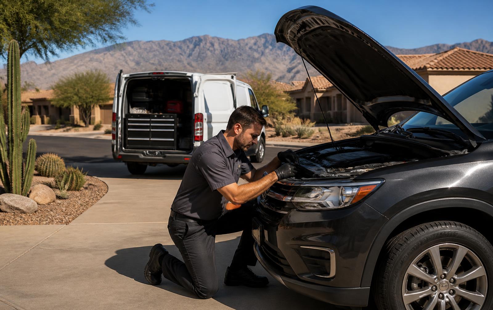 Mobile mechanic working on an SUV in a Buckeye, AZ driveway
